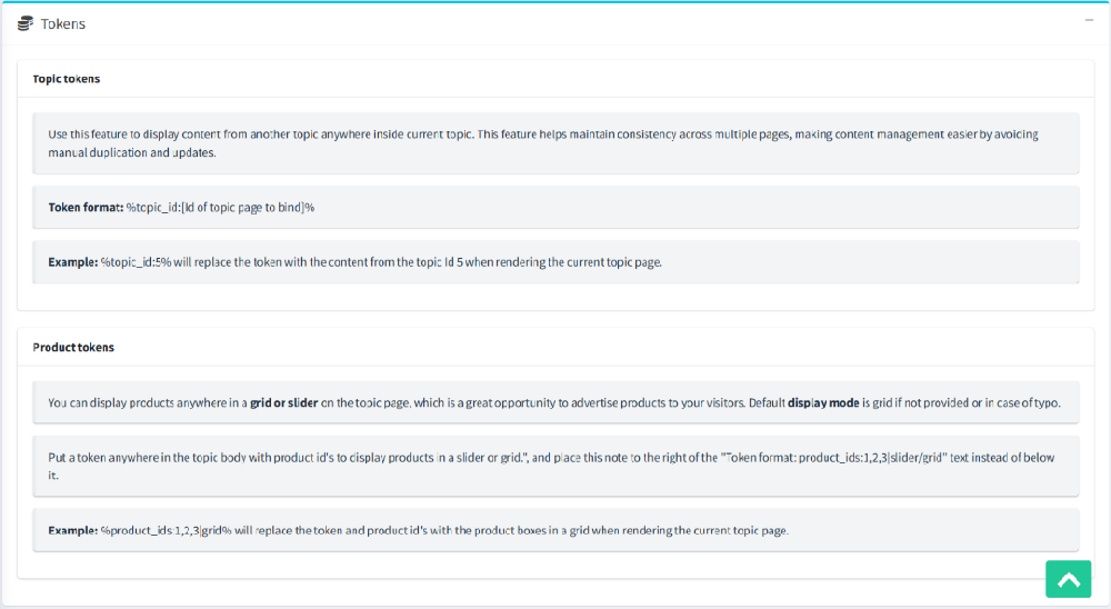 advanced blog management product tokens page